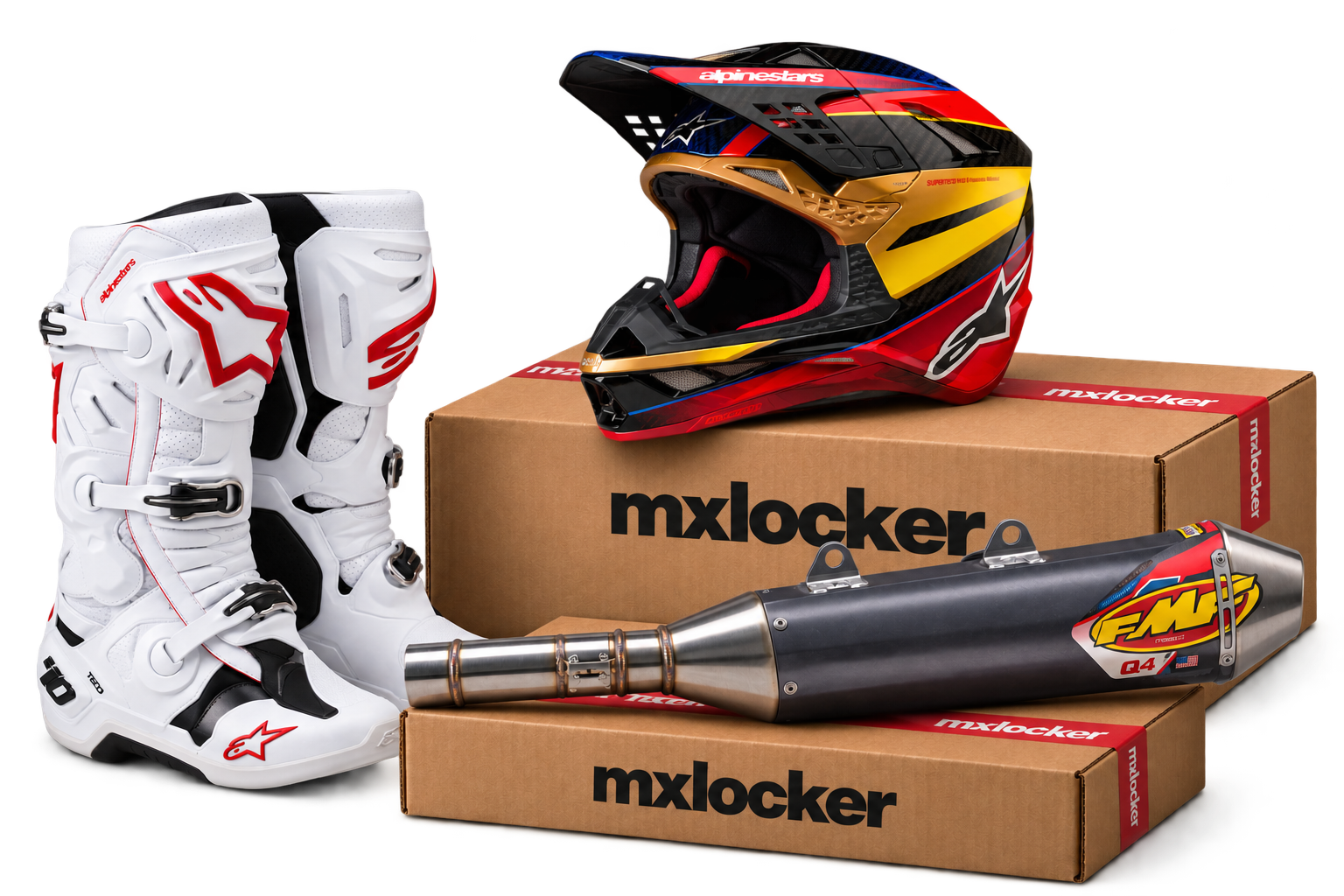 Boots, helmet and exhaust on MX Locker boxes